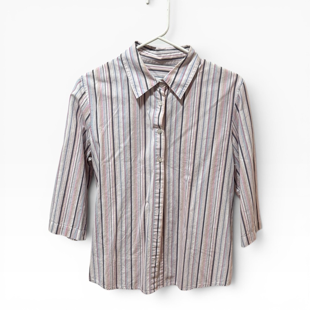 Orvis Button Down Shirt Womens 10 Pink Multi Stripe Excellent‎ 3/4 Sleeve Cotton